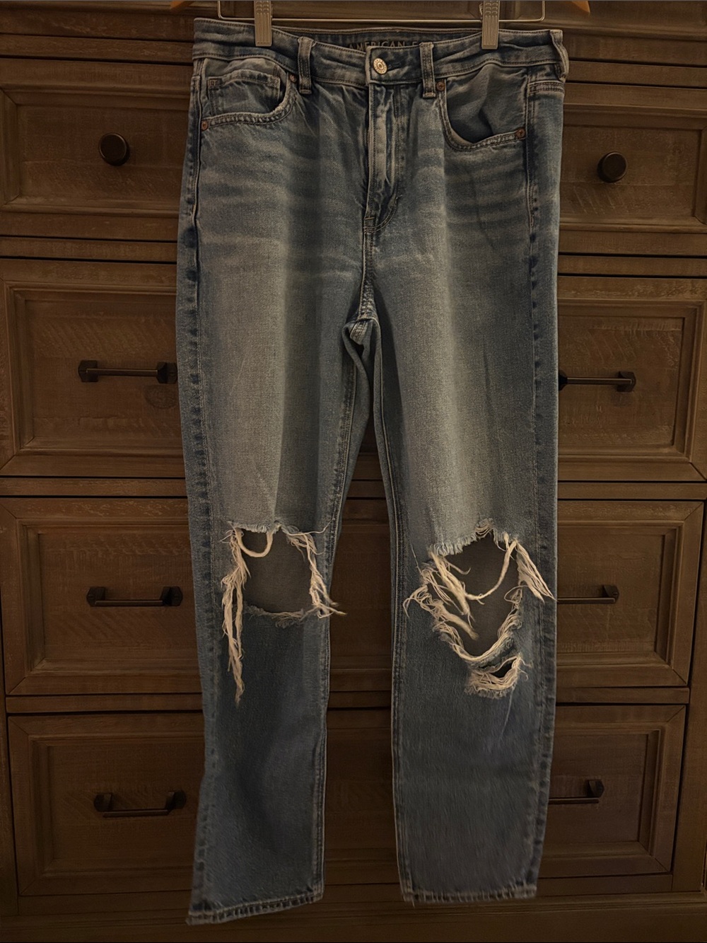 American Eagle Outfitters Distressed Light Blue Straight Leg Jeans